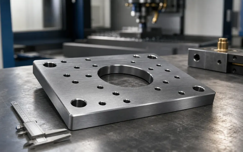Beispielbild einer CNC-gefraesten Flanschplatte auf einer Werkbank